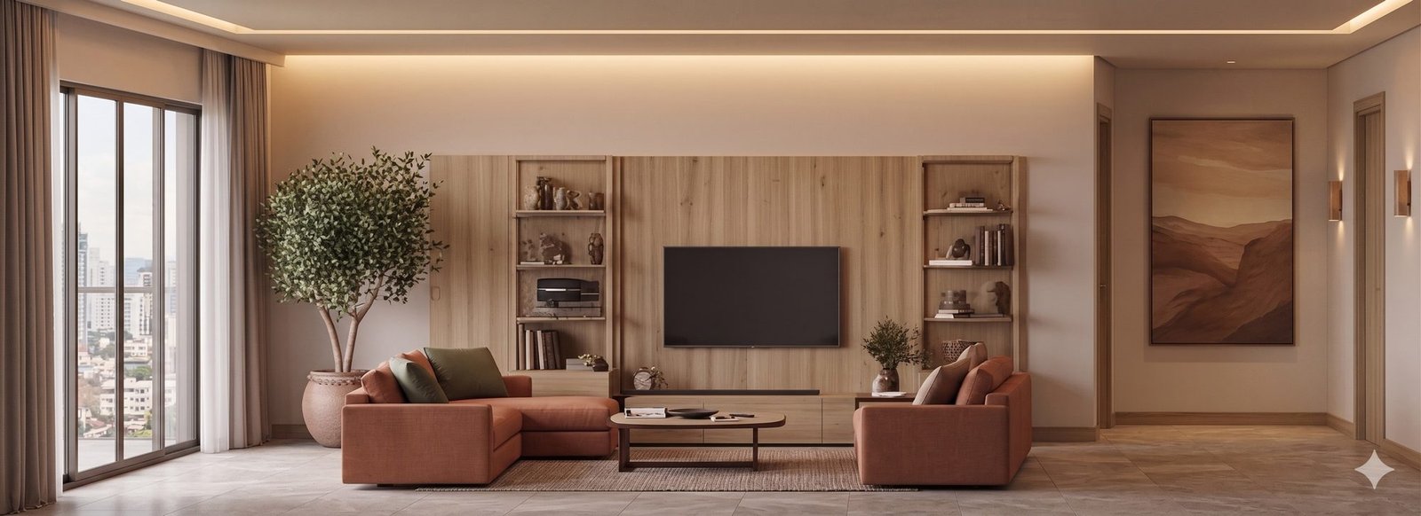 The Saffron register — warm, walnut-led drawing room